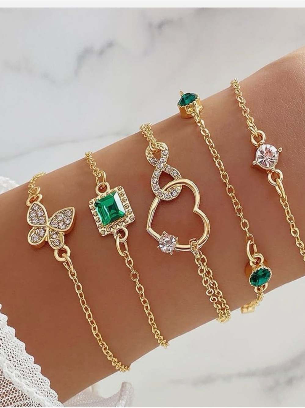 Gold Bracelet Stack with Emerald Green Gem Accents. NWT.